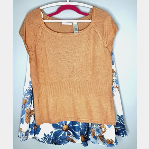 Liz Claiborne Silk Floral Skirt & Knit Top Set Coral Blue Chic Coastal Spring L - Picture 2 of 6